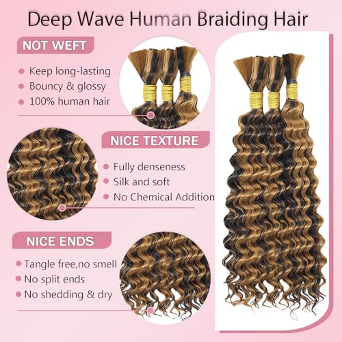 P4/27 Highlight Deep Wave Human Braiding Hair 20 Inch 50g