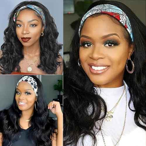 Headband Wig Human Hair Body Wave 18 Inch Glueless No Sew Headband Wig 100% Brazilian Virgin Hair 180% Dencity Wear and Go Headband Wigs for Black Women Natural Color Beginner Friendly