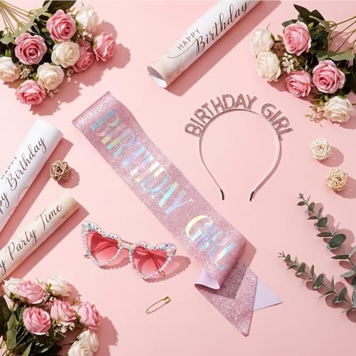 Birthday Girl Sash, Crown & Sunglasses Set - Pink Princess Tiara
