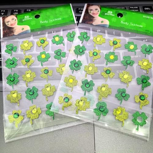 50pcs St. Patrick's Day Face Jewelry Green Shamrock Rhinestones Face Tattoo Sticker for Women and kids 3D self-adhesive Green Face Gems for Face Nail Makeup Decoration