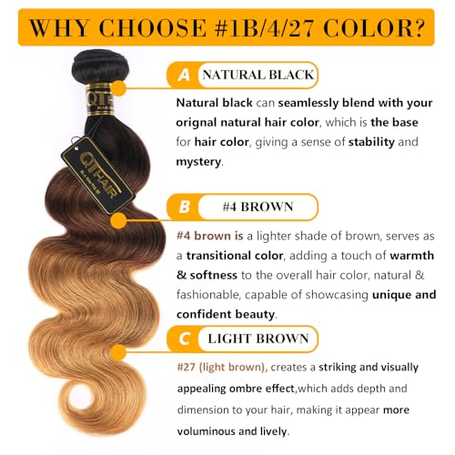 QTHAIR 16A Grade Ombre Body Wave Human Hair Bundles #1b/4/27 Color 24" 100g 100% Brazilian Body Wave Bundles Human Hair Extensions for Black Women