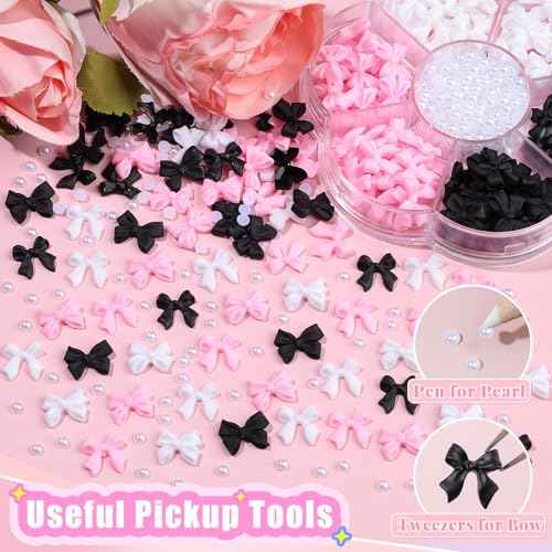 420PCS Bow Nail Charms Kit with Half Pearls, 3D Acrylic Nail Gems Rhinestones, Pickup Tools for Nail Art Design, DIY Crafts, Valentine Gifts