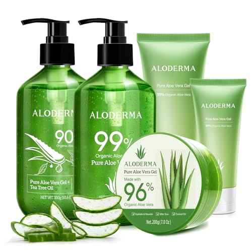 All Purpose Aloe Vera Gels Set - 5 Pieces - 300g Aloe Gel, 300g Aloe Gel + Tea Tree Oil, 200g Gel, 114g Aloe Vera Gel & 45g Aloe Vera Gel