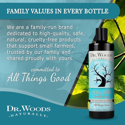 Dr. Woods Unscented Baby Mild Liquid Castile Soap - Gentle Cleanser with Organic Shea Butter, Natural Soap for Sensitive Skin - Paraben, Sulfate, and Phthalate Free - 16 Fl Oz
