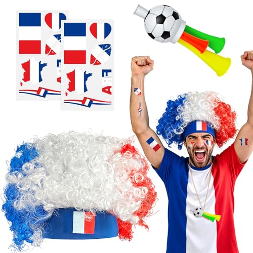 France Soccer Fan Gear Set with Temporary Tattoos, Wig & Loud Horn – World Cup Party Supplies
