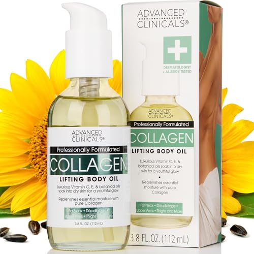 Advanced Clinicals Firming Collagen Body Oil Skin Care Moisturizer | Massage Body Oil | Tighten, Firm, & Hydrate Collagen Oil For Scars, Wrinkles, Crepey Skin, & Stretch Marks, 3.8 Fl Oz