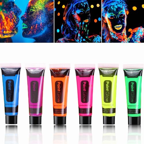 6 Color Glow in the Dark Face & Body Paint Set - Neon Makeup