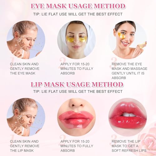 Gold Eye Mask And Pink Lip Mask,Natural Gel Eye Masks,Under Eye Gel Patches for Dark Circles,Eye Mask for Puffy Eyes,10 Pairs Gold Eye Mask And 10 Pcs Pink Lip Mask
