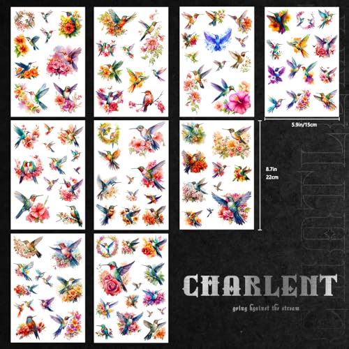 Watercolor Hummingbird Temporary Tattoos for Women - 9 Large Sheets Hummingbird Tattoo with Flowers, Waterproof Fake Body Art Birds Tattoo Stickers