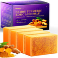 Lemon Turmeric Kojic Acid Soap, 4 Pcs Turmeric Soap Bar Infused with Hyaluronic Acid, Vitamin C£¬E, Shea Butter for Face & Body Deeply Clean, 3 Foam Nets