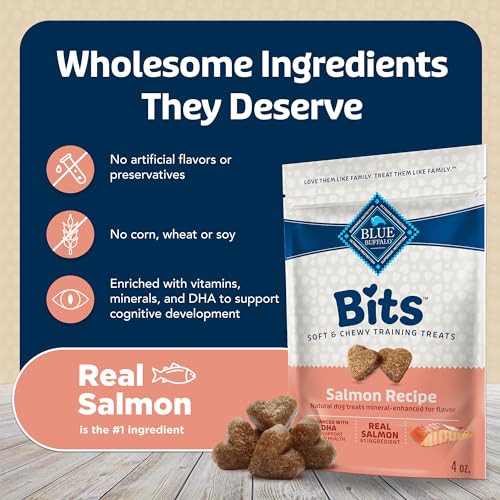 Blue Buffalo Bits Soft Dog Treats for Training, Made with Natural Ingredients & Enhanced with DHA, Savory Salmon Recipe, 4-oz. Bag (Pack of 4)