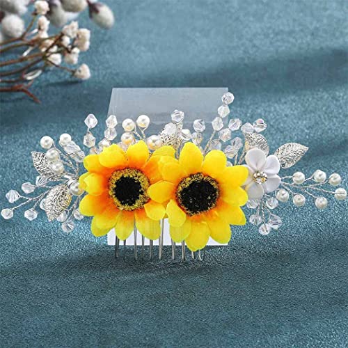 Silver Sunflower Bridal Hair Comb with Pearl & Crystal