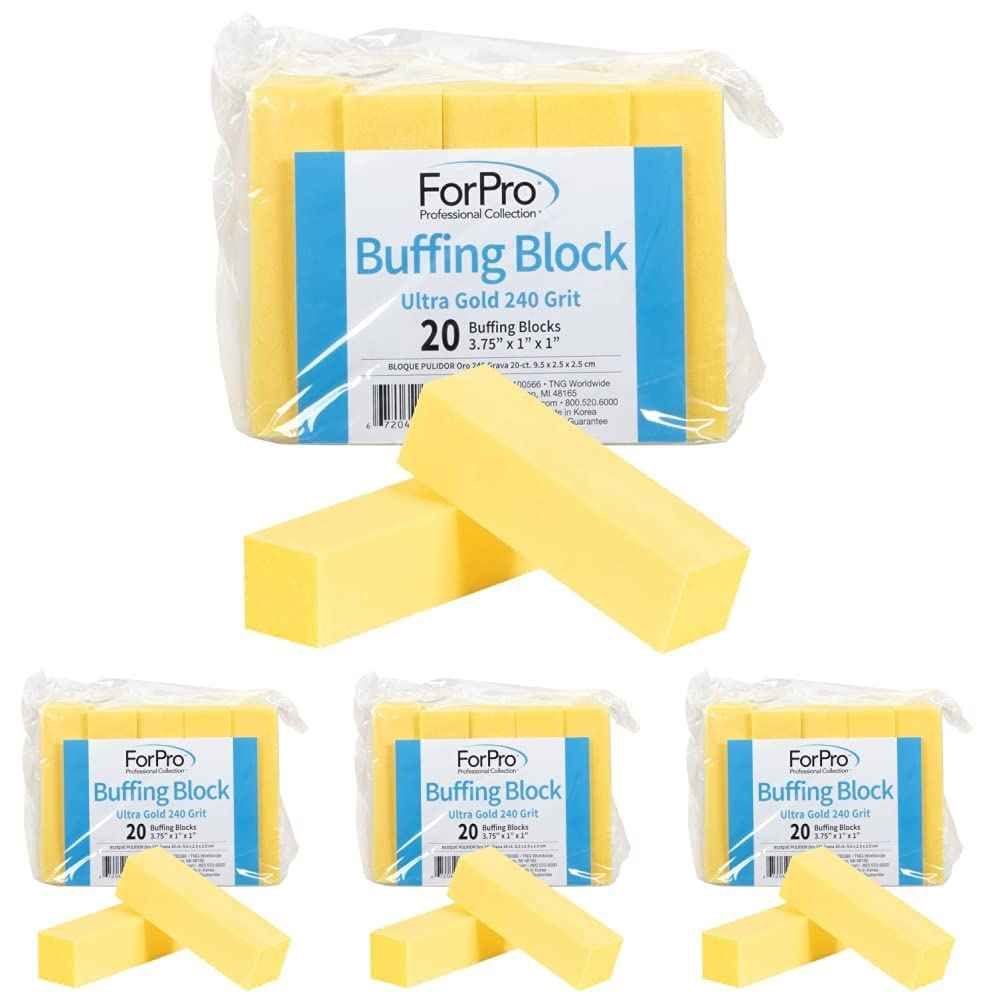 ForPro Ultra Gold Buffing Block, 240 Grit, Four-Sided Manicure & Pedicure Nail Buffer, 3.75” L x 1” W x 1” H, 20-Count (Pack of 4)