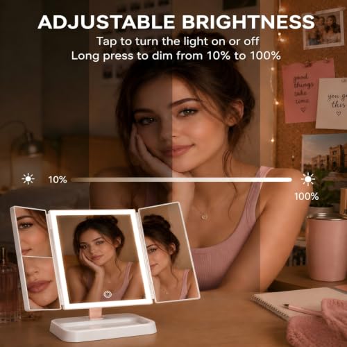 CALEPOP White Rechargeable Trifold Lighted Makeup Mirror 1X/2X/3X Magnification