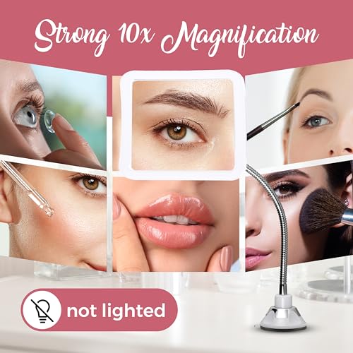 Flexible 10X Magnifying Makeup Mirror with Adjustable Gooseneck and Suction Cup - 2 in 1 Table Mirror and Wall Mount Mirror for Vanity and Bathroom Use - 6.3 x 6.3 Inch (Square)