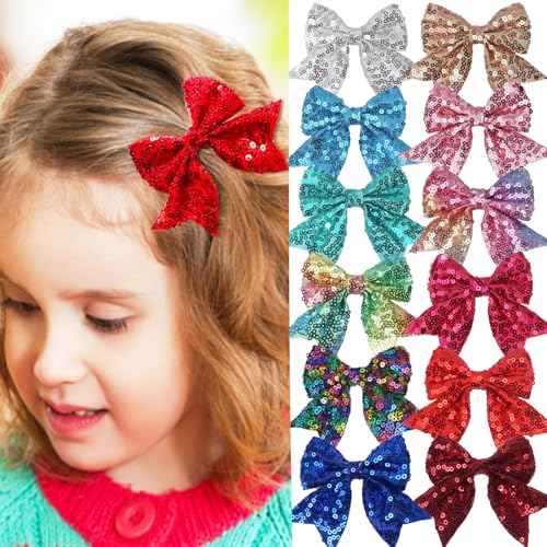 2Pcs 3 Inch Sequins Hair Bows for Girls, Sparkling Bows Alligator Hair Clip Hair Barrettes Accessories for Women Teens Girls Kids (Rainbow)