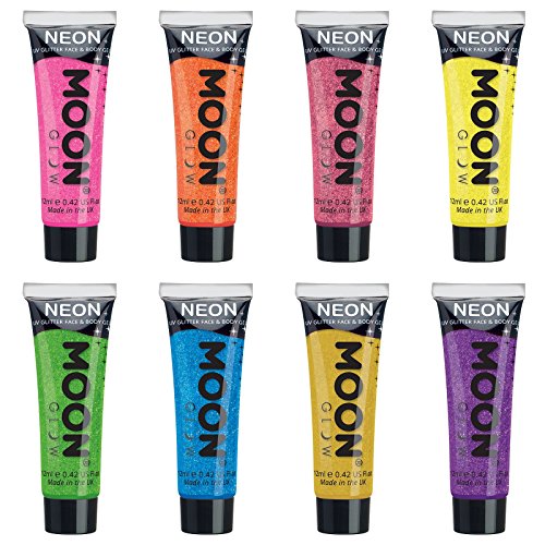 Moon Glow - Blacklight UV Glitter Face & Body Gel - 12ml Set of 8 - Blacklight Face Paint - glows brightly under Blacklight