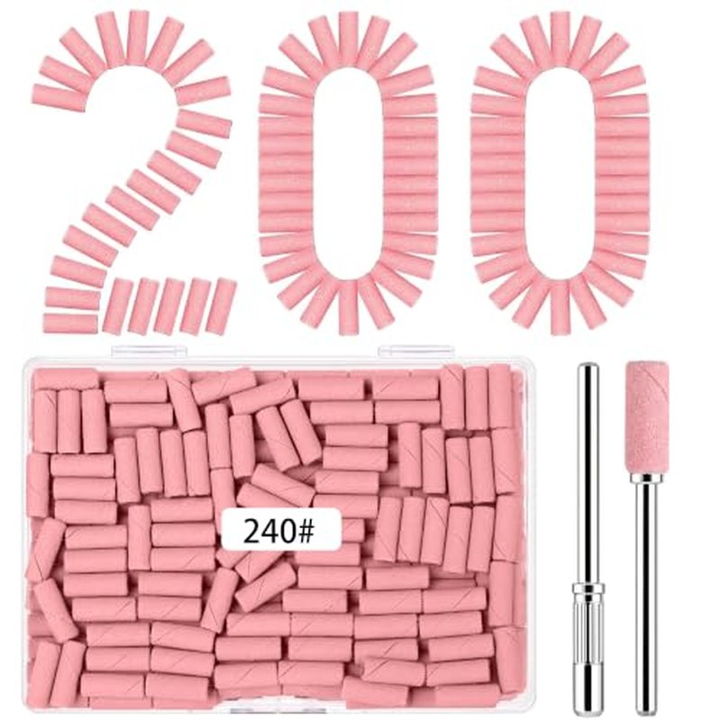 200 Pcs Pink Nail Drill Bits Sanding Bands 240 Grit & Mandrel