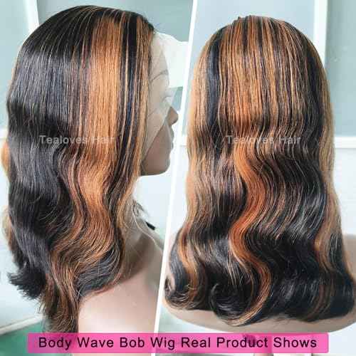 13x4 Body Wave Lace Front Wigs Human Hair Highlight 180 Density 1B/30 Ombre Bob Wig Human Hair Pre Plucked Glueless Balayage Lace Frontal Wigs for Women 8inch