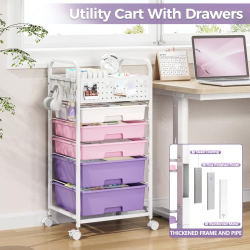 Dreamy Color 5-Drawer Rolling Storage Cart with Pegboard Top & Hooks - SYKIARIOL