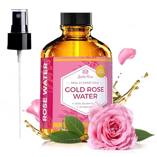 Leven Rose 24K Gold Rose Water Toner - Natural Moroccan Hydrosol for Skin, Sensitive & Anti-Aging, 4 oz