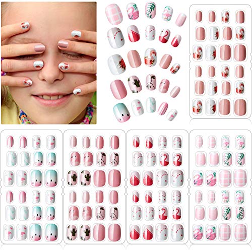 120 Pieces Kids Press on Nails Children Fake Nails Artificial Nails Girls Full Cover Short False Fingernails for Girls Kids Nail Design Decoration (Flamingo Themed)