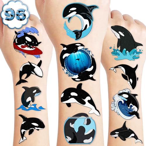 96 PCS Orca Pre-Cut Whale Birthday Party Decorations Favors Supplies Sea Ocean Killer Whale Temporary Tattoos Stickers for Girls Boys Cute Gifts School Prizes Rewards