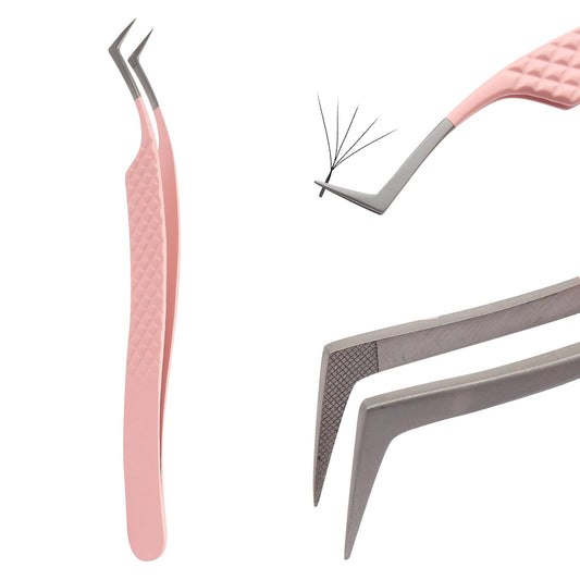 Lash Tweezers For Eyelash Extensions Fiber Tip Lash Tweezers Pink Straight/Curved Tweezer(Pink,X02)