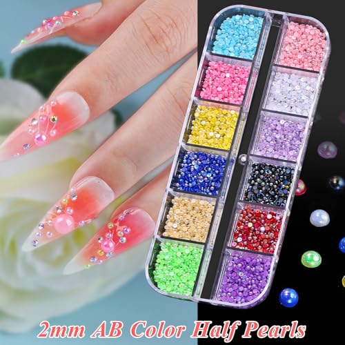 18000pcs Nail Rhinestones and Pearls for Nail Art, 2mm Resin AB Transparent Jelly Rhinestones Crystal Nail Gems Multicolor Flatback Pearls with Tweezers & Pickup Tools for Women Nails Design Craft DIY