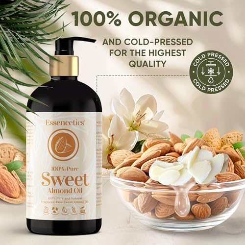 Essencetics Sweet Almond Oil Organic 16 oz - 100% Pure & Natural Sweet Almond Oil for Skin, Body, Face, and Hair - Natural Cold Pressed Unrefined - Organic Massage Oil for Massage Therapy & Date Night