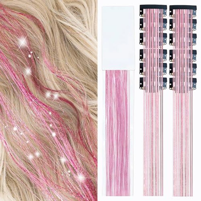 12PCS Pink Hair Tinsel Extensions 23 Inch Clip-In