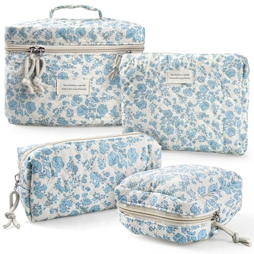 NATINSA 4-Piece Sky Blue Quilted Cosmetic & Travel Makeup Bag Set for Women