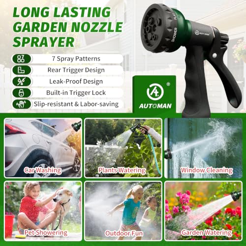 AUTOMAN Garden Hose Nozzle - 7 Adjustable Patterns, Dark Green, Slip-Resistant Grip