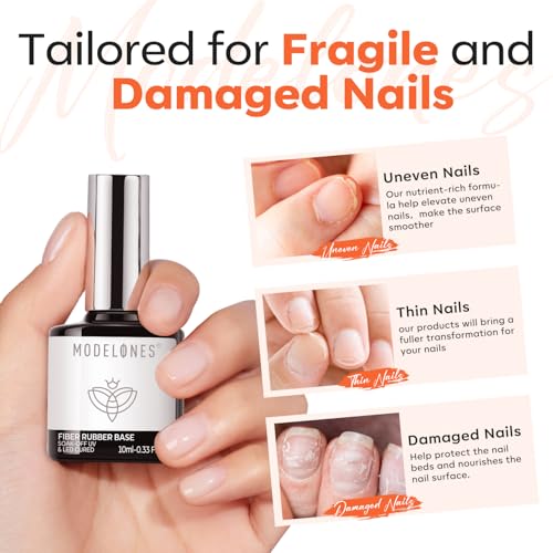 Modelones Fiber Rubber Base Gel for Nails - 15ml Clear, Self-Leveling & Reinforcing