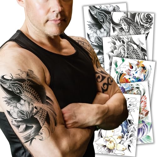 Kotbs Koi Fish Temporary Tattoos - 6 Large Sheets Waterproof