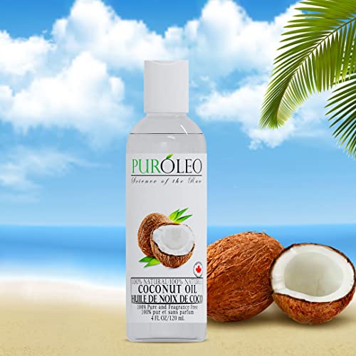 PUROLEO Fractionated Coconut Oil 4 Fl Oz/120 ML (Packed in Canada) 100% Natural and odorless Moisturizer & Carrier Oil l Hair Skin Body, Aromatherapy, Massage, Makeup Remover