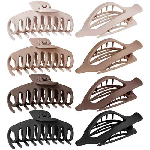 Flat Hair Claw Clips: 8 Pack 4.3 Inch Neutral Matte French Concord & Large Round Claw Clips Set for Women with Thick/Thin Hair, Non-Slip Extra Hold Jaw Clips for Lay Down/Drive/Daily Use