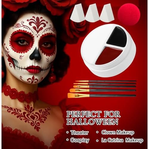 Afflano Red Black White Face Paint Halloween Clown Makeup Kit, Black and White Body Paint with Sponges Brushes, Washable Red Face Painting for Joker Pennywise Zombie Vampire Cosplay Theater SFX Makeup