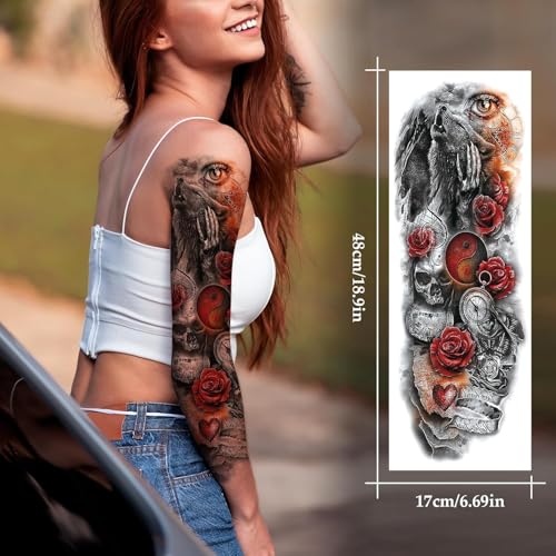 VERKSTAD 12 Sheets Large Full Arm Temporary Tattoos for Adults, Waterproof Realistic Flower Myth Angel Skull Fake Tattoos, Eagle Dragon Horse Tattoo Kits Hand Body Art for Parties Festivals Cosplay