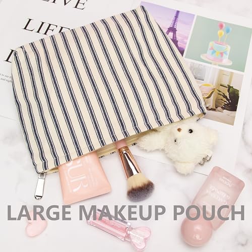 Flat Makeup Bag Women Canvas Cosmetic Pouch Navy Stripe