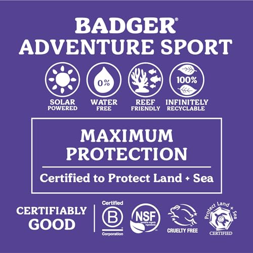 Badger Mineral Sunscreen SPF 50 Zinc Oxide Sunscreen with 98% Organic Ingredients, Reef-Safe, Broad-Spectrum, Hypoallergenic, Water Resistant, Unscented Adventure Sport 2.9 fl oz