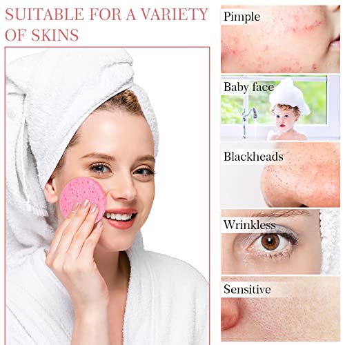 Sieral 120pcs Compressed Facial Sponges Disposable Natural Face Sponges Round Soft Pads with Container for Washing Face Cleansing Exfoliating Esthetician Makeup Removal Travel(Pink)