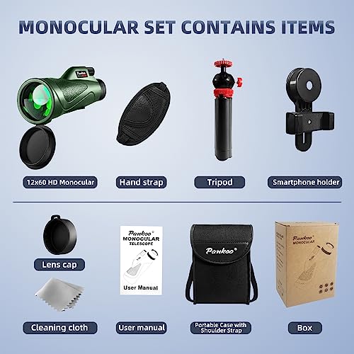 12x60 Monocular Telescope High Powered with Smartphone Adapter Tripod and Portable Bag, Larger Vision Monoculars for Adults with BAK4 Prism & FMC Lens, Suitable for Bird Watching Hiking Travel