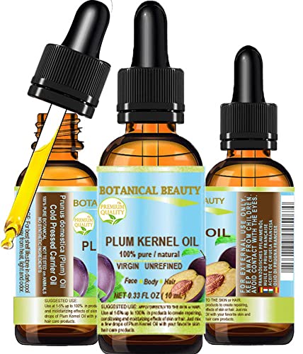 Botanical Beauty French PLUM KERNEL OIL 100% Pure Natural Virgin Unrefined Cold Pressed Carrier Oil 0.33 oz- 10 ml for Face, Skin, Hair, Lips, Nails. Skin SuperFood. Face moisturizer Oil