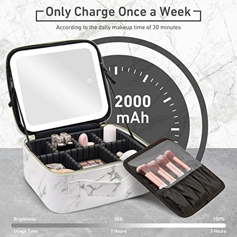 Makeup Bag with Mirror and Light, Makeup Case with Lighted Mirror, Travel Makeup Bag with Light up Mirror 3 Color Lights, Makeup Organizer Bag with Adjustable Dividers & Brush Holder(Marble)