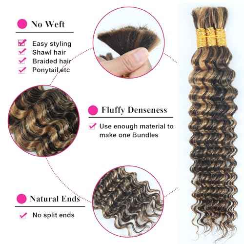 Highlight Human Braiding Hair for Boho Braids 110g Deep Water Wave Bulk Human Hair for Braiding Knotless 12A Curly Bulk Bohemian 3 Bundles P/430 Unprocessed Brazilian Ombre Extensions 20 Inch