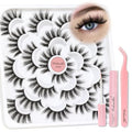 Veleasha Lashes 3D Fluffy False Eyelashes 10 Pairs Soft Faux Mink Lashes Lightweight Fake Eyelashes Wispy False Lashes Kit with Lash Glue and Lash Tweezers Handmade Strip Lashes (3D07 Kit)