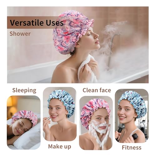 Luxury Shower Cap for Women Reusable Waterproof, 2 PCS Extra Large Double Layered Shower Caps for Long Hair with Adjustable Elastic Strap, Large Satin Lined Shower Bath Cap for All Hair Lengths