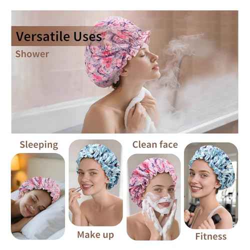 Extra Large Luxury Shower Cap for Women Reusable Waterproof, Double Layered Shower Caps for Long Hair with Adjustable Elastic Strap, Large Satin Lined Shower Bath Cap for All Hair Lengths