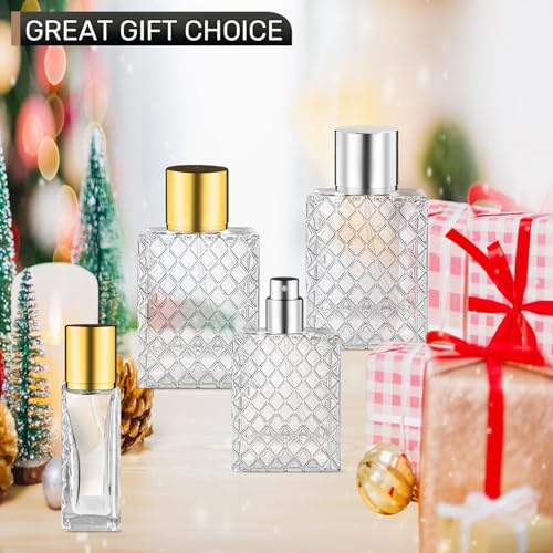 6 Pcs 50ml/1.7oz Glass Perfume Spray Bottles with Gold Lid Empty Square Fine Mist Sprayer Refillable Atomizer Pump Bottle for Water Alcohol Toner Essential Oils,2 Pipettes,2 Funnels